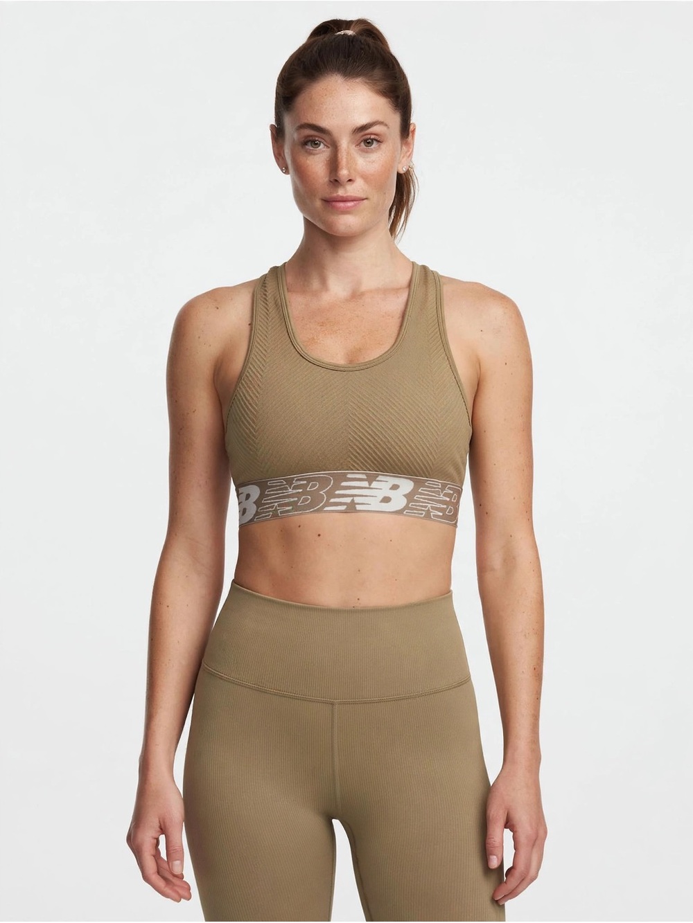 New Balance Khaki Chevron Seamless Rib Sports Bra with Branded Elastic.